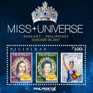 미스 유니버스 대회에서 필리핀 출신 우승자 3명을 기념하는 우표 (디아스, 왼쪽)