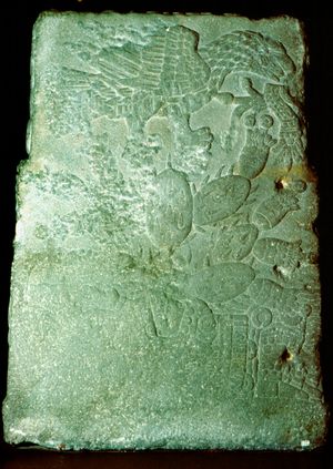 아즈텍의 수도 테노치티틀란의 건국; 우이칠로포치틀리를 나타내는 독수리가 선인장 위에 앉아 있다.