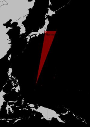 일본 근해. 지도상의 붉은 부분이 드래곤즈 트라이앵글이다.