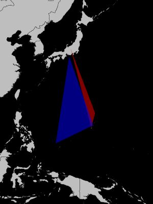 빨강: 내레이터의 설명을 바탕으로 한 드래곤즈 트라이앵글 (일본 중심부, 괌, 마리아나 제도). 파랑: 그 내레이션과 함께 표시된 삼각형