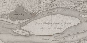 1800년경 지도에 "Bulaq Island"로 표시된 현재의 자말렉(Zamalek)과 불라크.