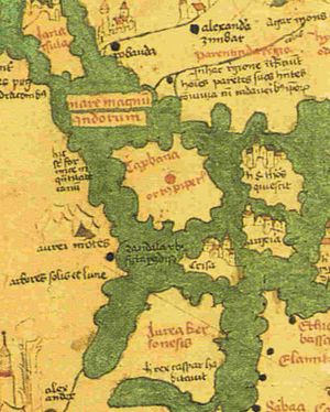 황금반도의 라틴어 명칭인 'Aurea Cersonese'가 인도양의 자바섬 근처에 나타나 있다 (안드레아스 발슈페르거의 1448년경 지도)