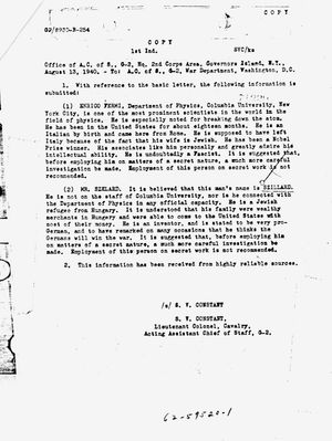 육군 정보 보고서, 엔리코 페르미와 레오 실라르드에 대한 보고서