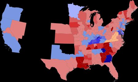 1868년 미국 하원의원 선거 결과. 각 주별 승리 정당의 득표율에 따라 색깔이 표시되어 있다.