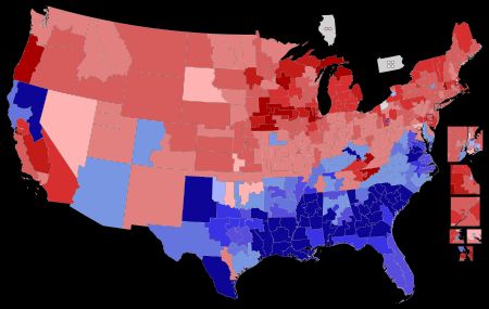 승자의 득표율에 따라 음영 처리된 결과