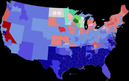 일반 투표에서 승리 후보의 득표율에 따라 음영 처리된 결과