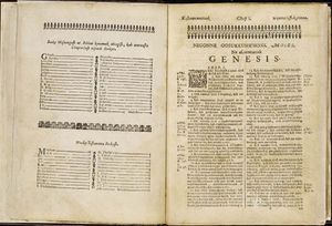 1663년 엘리엇이 매사추세츠의 내틱 방언으로 번역한 성경 창세기의 색인 및 첫 페이지, Mamusse Wunneetupanatamwe Up-Biblum God