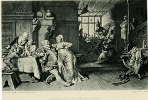 에두아르트 폰 그뤼츠너의 연극 2막 4장의 삽화, 보어스 헤드 선술집에서 돌 티어시트와 함께 있는 팔스타프