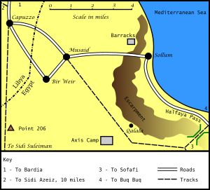 전투가 벌어진 인근 지역을 보여주는 컬러 지도; 검은 점은 주요 마을을 나타내고, 여러 개의 흰색 선은 주요 도로를, 점선은 사막 트랙을 나타냅니다.