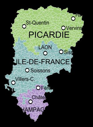 1790년 이전 구 주로 색깔 표시된 앤주. 샹파뉴, 일 드 프랑스, 피카르디