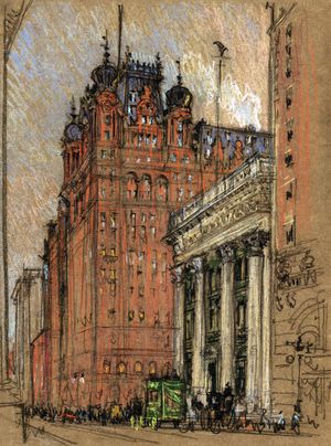 니커보커 신탁회사와 월도프 애스토리아 호텔. 조셉 페넬이 1904–1908년경 갈색 용지 위에 목탄과 파스텔로 그림.