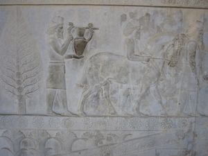 페르시아 제국의 조공국 중 하나인 아르메니아가 특산품인 와인과 말을 바치며 복종의 자세를 취하는 장면을 묘사한 아파다나 부조