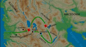 술피키우스의 마케도니아 상부 침공 경로 (녹색)