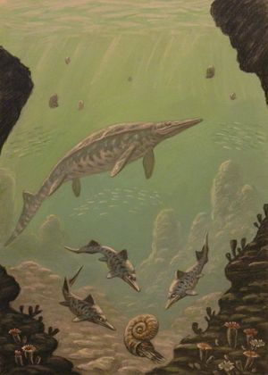 C. petrinus가 Phalarodon 무리 근처에서 헤엄치는 모습의 복원도