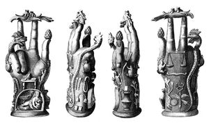 사바지오스의 도상학적 특징을 보여주는 청동 손 유물. 다양한 상징이 묘사되어 있다.