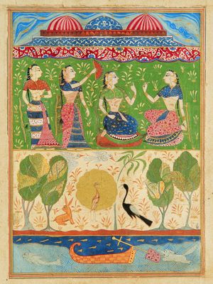 찬다가 친구와 대화하는 모습, 찬다야나의 책 표지. 아마도 델리 – 자운푸르 벨트, c. 1525–1575. 차트라파티 시바지 마하라지 바스투 상그라할라야.