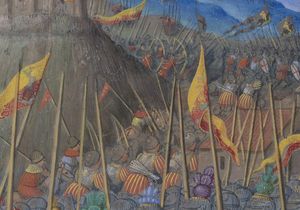 제노바 시민들의 항복. 요새 오른쪽에 있는 프랑스 궁수, 스트라디오트 및 제노바인들의 세부 묘사.