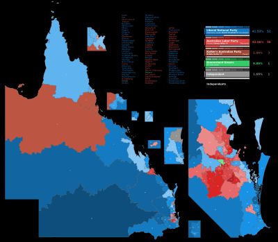 2024년 퀸즐랜드 주 선거. 갈색은 캐터의 오스트레일리아당이 확보한 의석을 나타낸다.
