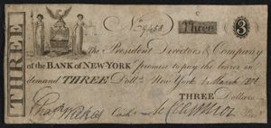 1808 Bank of New York 3 달러 지폐