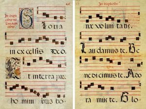 보니파시오 1세는 세족 목요일에 영광송을 부르도록 명령했다(16세기 악보)