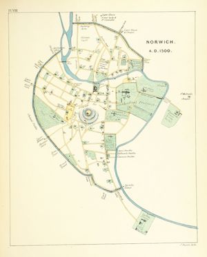 새뮤얼 우드워드의 저서 노리치 성의 역사와 고대 유물(1847)에 실린 16세기 노리치 지도