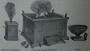 성소의 분향단, 번제단, 그리고 씻는 물통; 1890년 홀먼 성경 삽화
