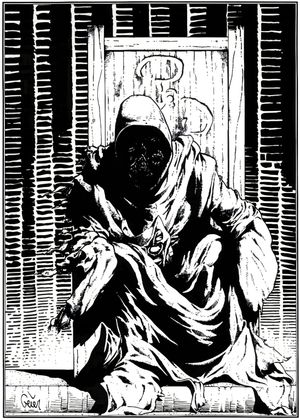 황색의 왕의 일러스트. 얼 가이어(Earl Geier)가 치명적인 실험(Fatal Experiments) 어드벤처 북을 위해 제작했다. 왕좌 뒤에 장식된 황색 표시는 크툴루의 부름 시나리오 말해줘, 황색 표시를 본 적이 있니?(Tell Me, Have You Seen the Yellow Sign?)를 위해 케빈 A. 로스(Kevin A. Ross)가 디자인했다.