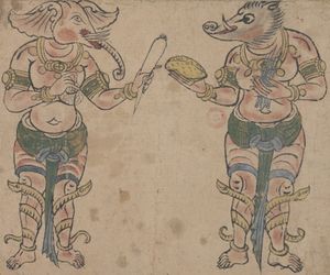 비나야카(무를 들고 있음)와 그의 돼지 머리 배우자(모다카를 들고 있음), 둔황에서(유물: 펠리오 시누아 4518 (8))