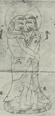 두 몸을 가진 환희천의 모습으로 두 인물이 모두 정면을 향하고 있다