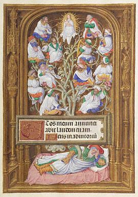 후기 중세 시대의 전형적인 이새의 나무, 스코틀랜드 제임스 4세의 마스터가 그린 루드비히의 스피놀라 시간서 (1510-20)