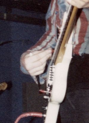 1989년 쉴즈가 자신의 "글라이드 기타" 기법으로 연주하는 모습. 그는 비브라토 바를 잡고 연주한다.