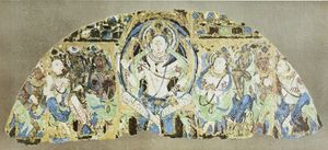 미륵이 도솔천의 마야 동굴, 키질 입구 위에 있는 모습, 신장 위구르 자치구, 중국.