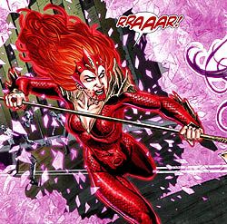 레드 랜턴 메라가 원더우먼을 공격하는 모습. 니콜라 스콧의 그림.