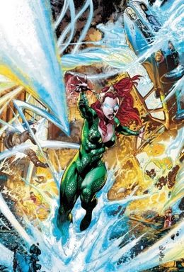 메라가 아쿠아맨(Aquaman) 7권 #6 표지에서 자신의 물을 조종하는 능력을 사용하는 모습. 이반 레이스의 그림.