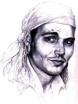 조니 뎁이 잭 스패로우로 분한 초기 캐릭터 스케치. 크래쉬 맥크리 작.뎁의 아이디어가 반영되기 전 초기 의상 컨셉.