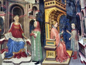 수사학과 산술의 우화, 이탈리아 폴리뇨, 트린치 궁전, 젠틸레 다 파브리아노의 작품. 젠틸레 다 파브리아노는 이탈리아어 표준화 시대에 살았다.