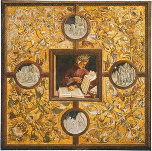 단테 알리기에리의 우화. 그는 링구아 프랑카인 라틴어 대신 문학에 이탈리아어 방언을 사용하는 것을 옹호했다. 루카 시뇨렐리의 오르비에토, 산 브리지오 예배당 돔의 프레스코화