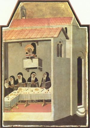 5명의 수녀가 식당에서 식사하며 고위 수녀가 위에서 지켜보는 모습