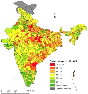 NFHS-5 데이터(2019–2021) 분석을 기반으로 한 인도 구별 출생 시 기대 수명