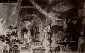 Turanda 3막 3장 세트 디자인 (1867), Laboratorio di Ormut destinato agli studii e alle evocazioni magiche.