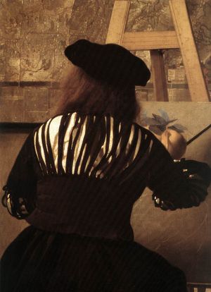 이젤 앞에서 멜스틱을 사용하는 베르메르의 회화의 기술 세부 묘사