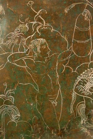 신화 속 권투 선수 폴룩스가 샌드백을 사용하는 모습, 에트루리아 키스타의 세부 묘사, 기원전 340–330년