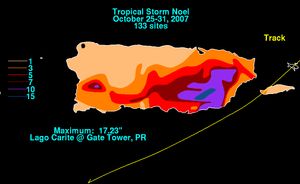 푸에르토리코에서 노엘의 전조 시스템에 대한 강수량 요약