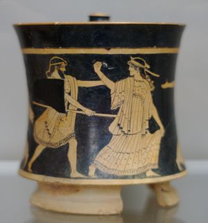 아소포스의 딸 중 한 명인 아이기나가 제우스에게 납치되는 모습. 아테네식 적색상 그림 피시스, 기원전 470&ndash;460년