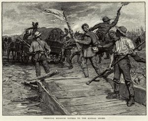 미주리 유권자들이 캔자스 해안으로 미주리 강을 건너는 모습, 길버트 골 작품