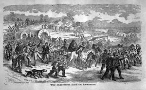 대포를 든 보더 러피안들이 캔자스주 로렌스를 향해 행진