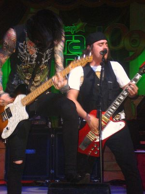 2009년 공연하는 메트로 스테이션; 트레이스 사이러스(왼쪽)와 메이슨 무소(오른쪽)