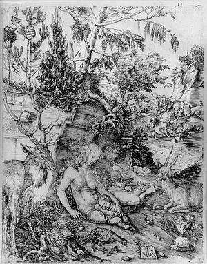 성 요한 크리소스토모스의 참회. 루카스 크라나흐의 1509년 판화. 성인은 배경에서 네 발로 기어 다니는 모습으로 묘사되었고, 공주와 아기는 전경을 장식한다.