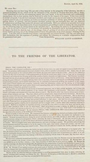 윌리엄 개리슨의 기금 모금 호소, 1834