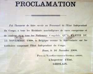 1908년 벨기에의 콩고 합병을 발표하는, 감찰관 기슬랭의 콩고 인구에 대한 선언문